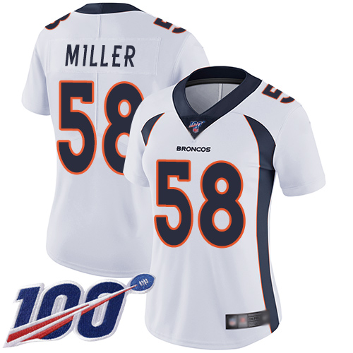 cheap texans jerseys Women\'s Denver Broncos #58 Von Miller White Stitched 100th Season Vapor Limited Jersey cheap sports jerseys