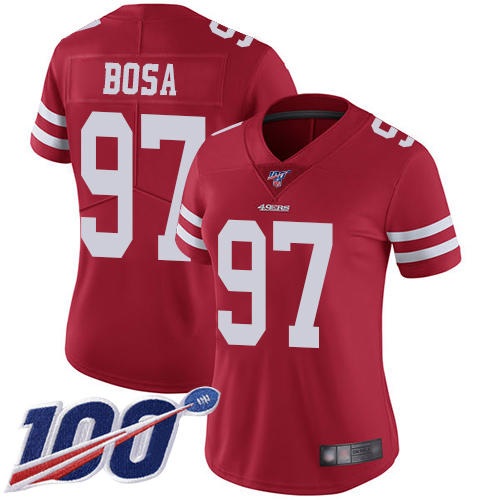 wholesale nba jerseys usa Women\'s 49ers #97 Nick Bosa Red Team Color Stitched 100th Season Vapor Limited Jersey authentic nike jersey